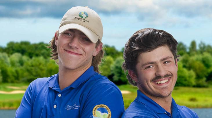 Golf team members smiling shoulder to shoulder in blue polos